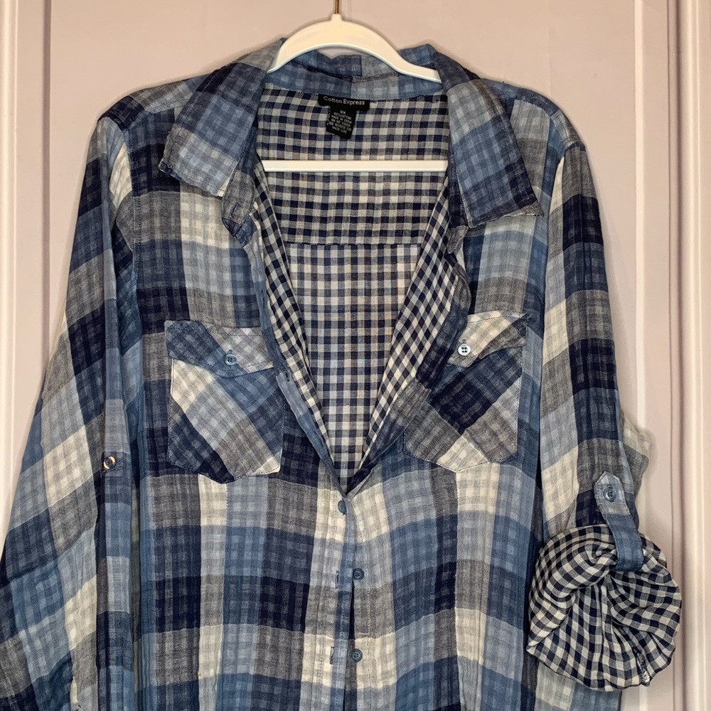 Cotton Express mixed blue ginghams shirt. Size 3X